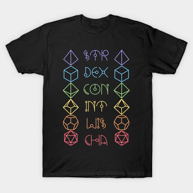 Character Abilities Dice Rainbow T-Shirt by OfficialTeeDreams